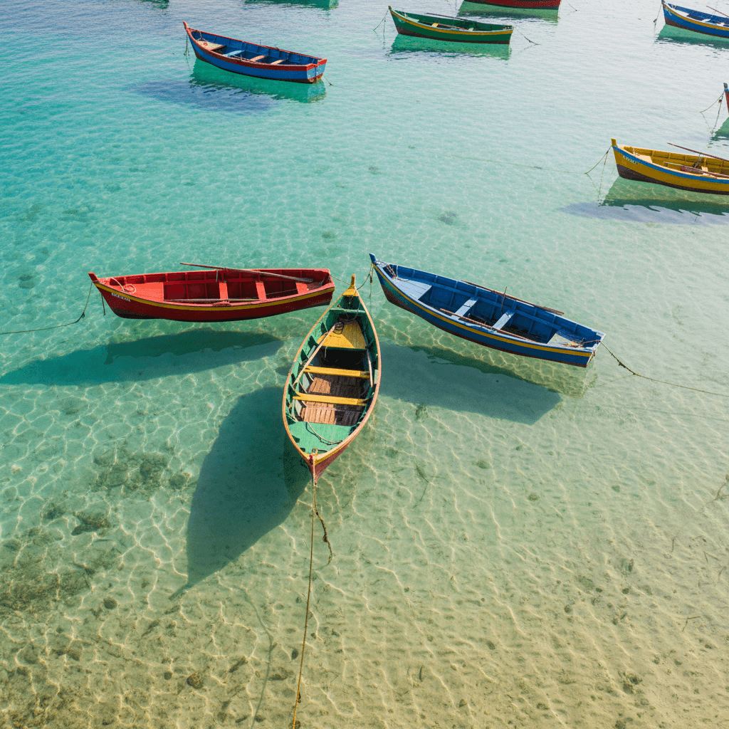Bateaux de pêche traditionnels colorés dans la lagune turquoise