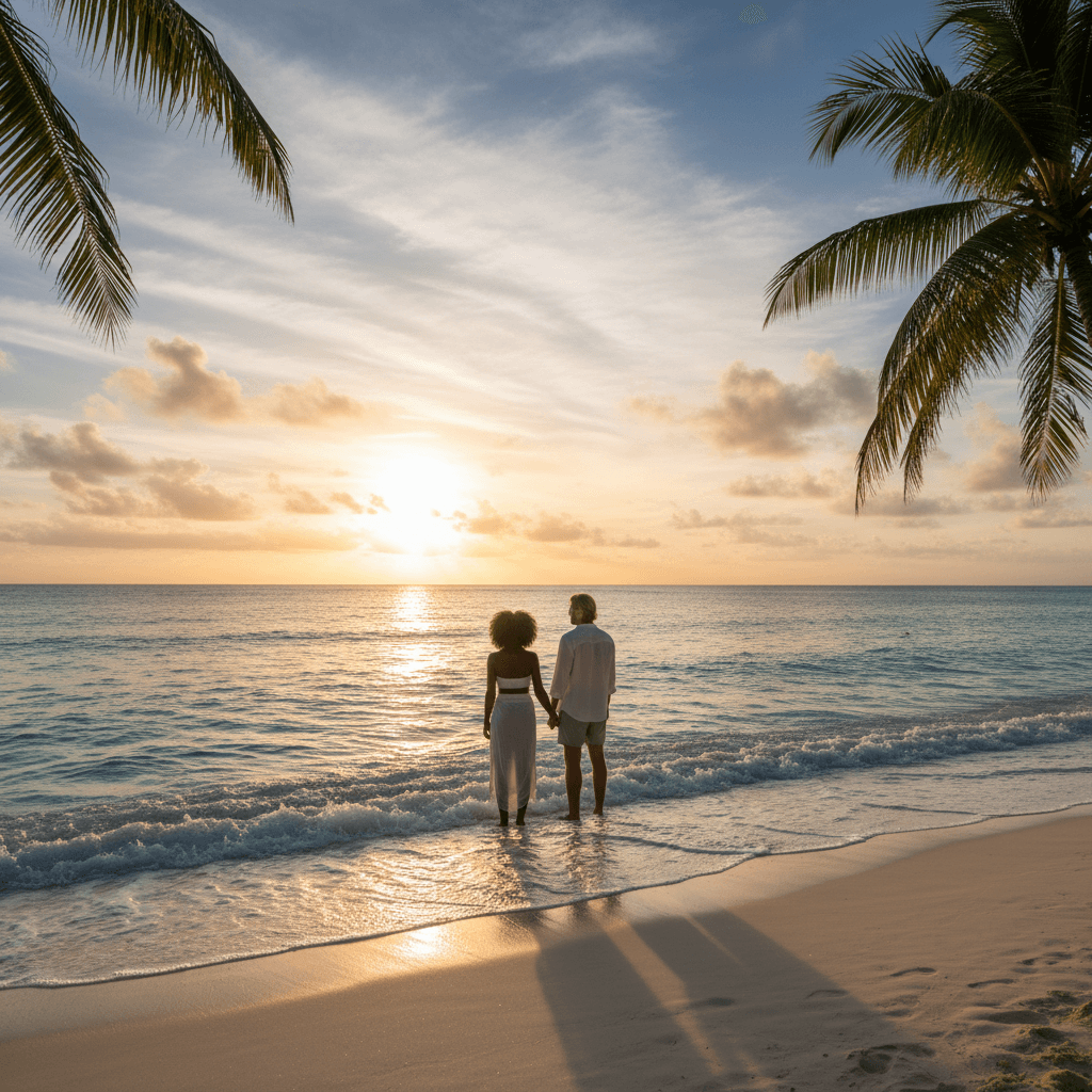 Couple expatrié admirant le coucher de soleil à Grand Baie