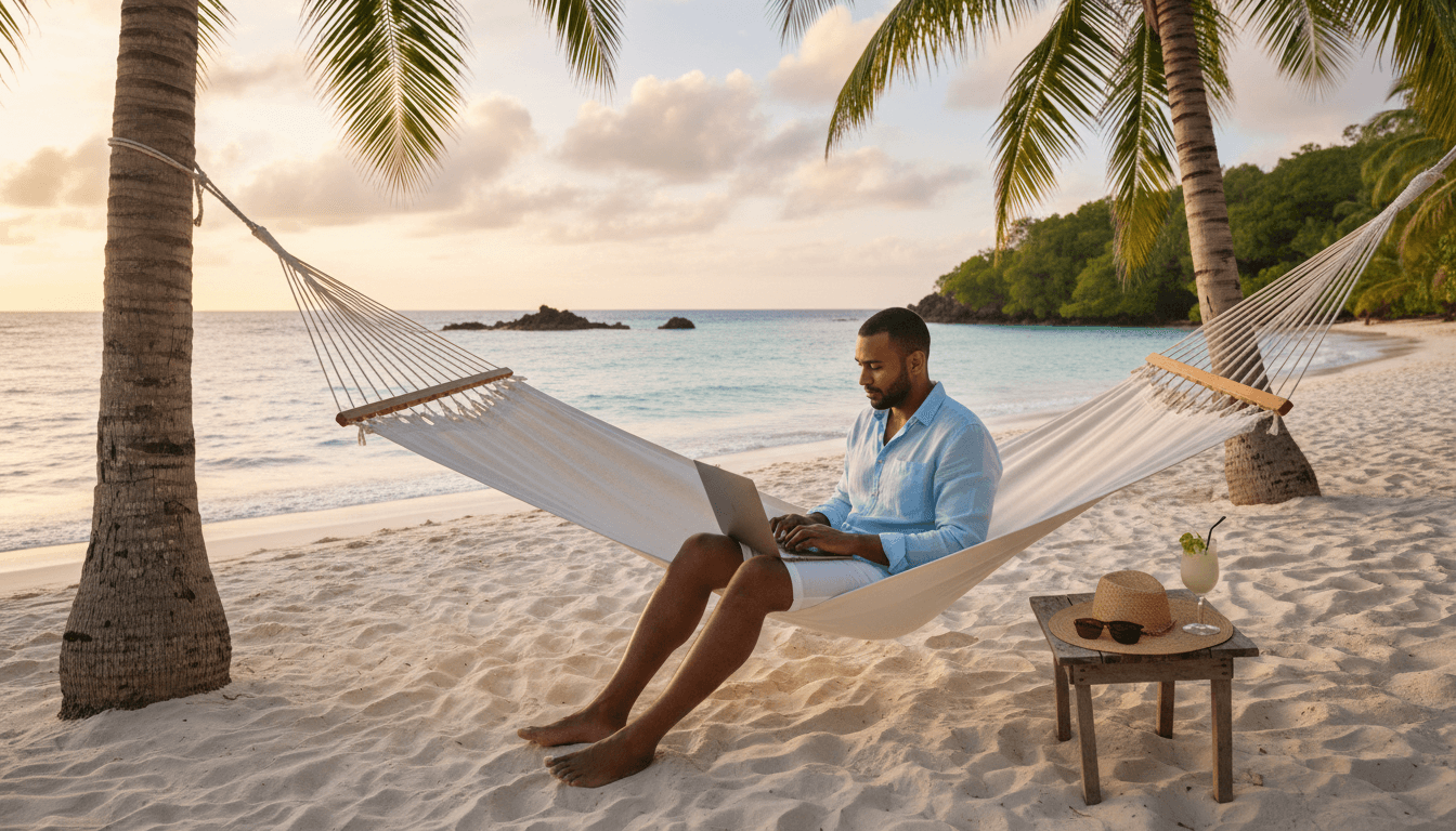 Mauritian professional working on laptop on white sandy beach