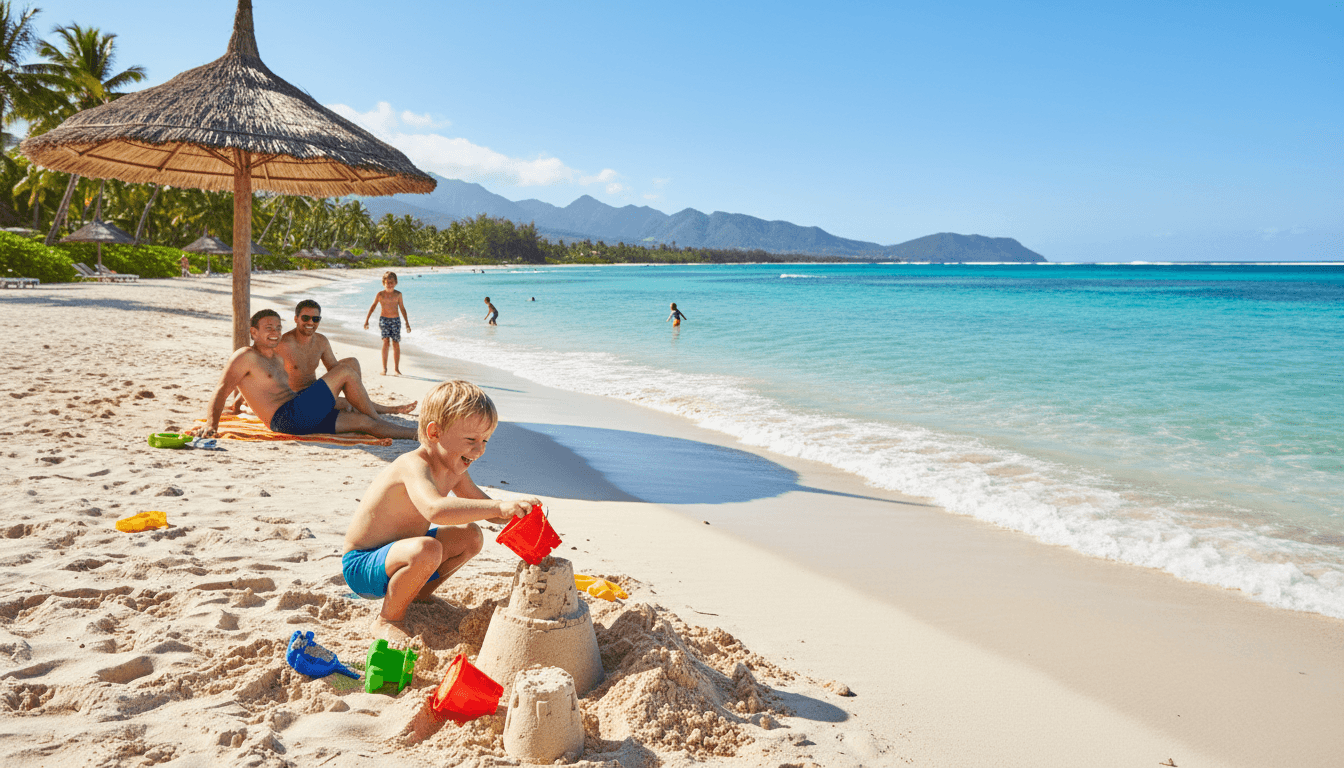 Child building a sandcastle on a pristine Mauritius beach with family nearby