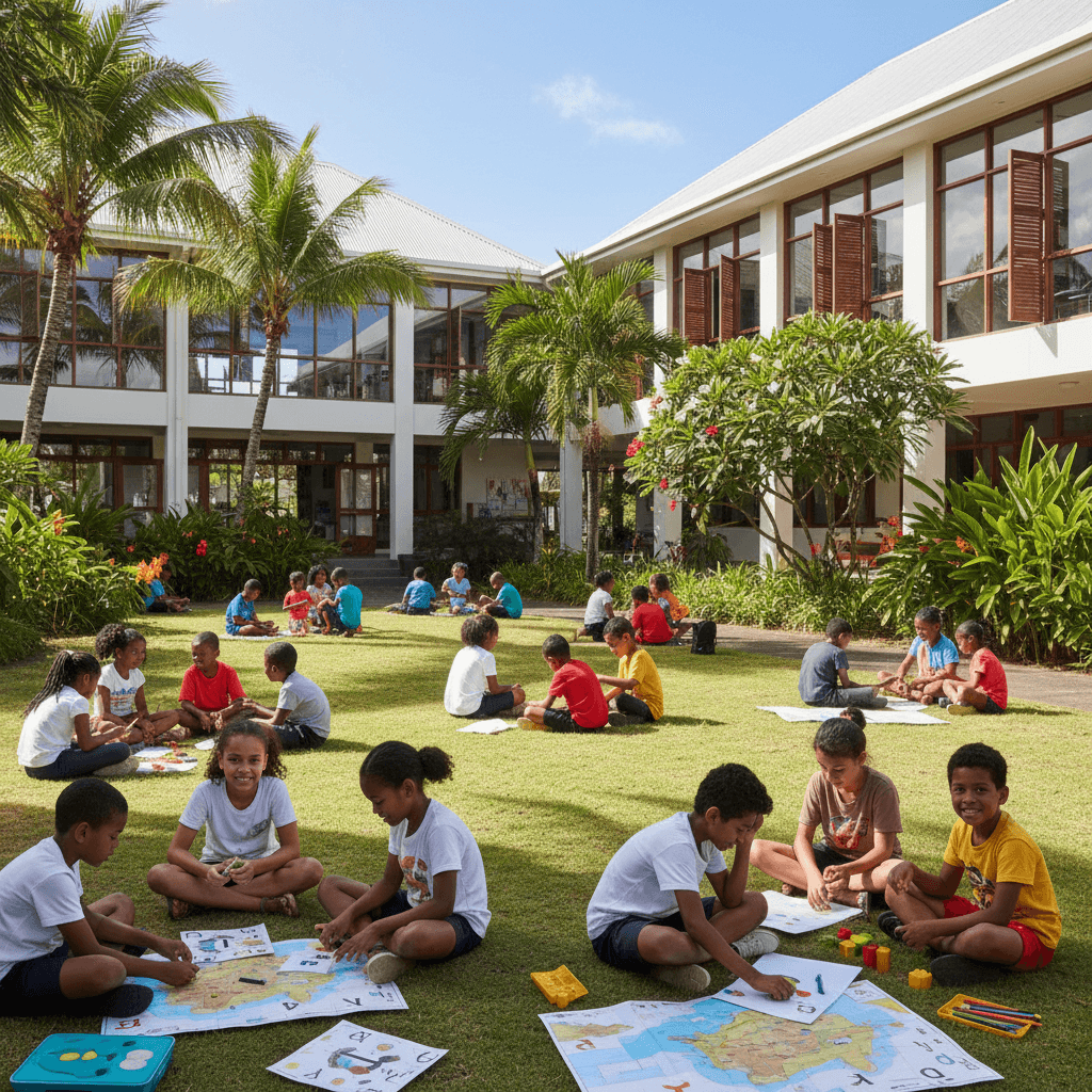 Cour d'école avec enfants en activités d'apprentissage