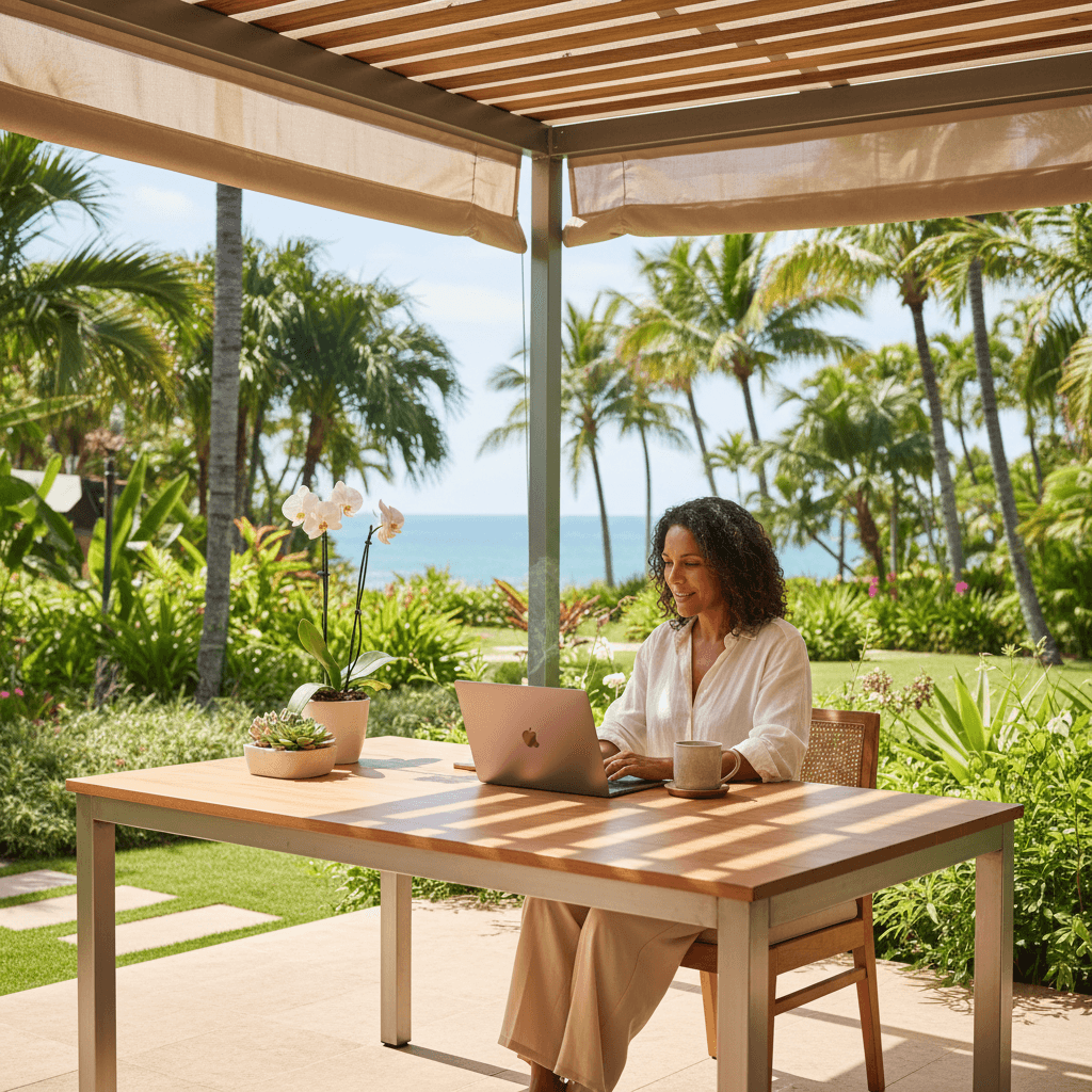 Femme expatriée travaillant depuis son domicile mauricien