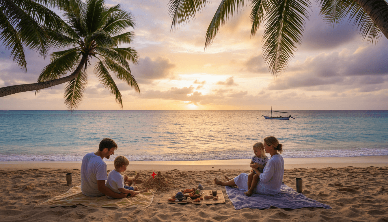 Famille expatriée profitant du coucher de soleil sur une plage tropicale de Maurice