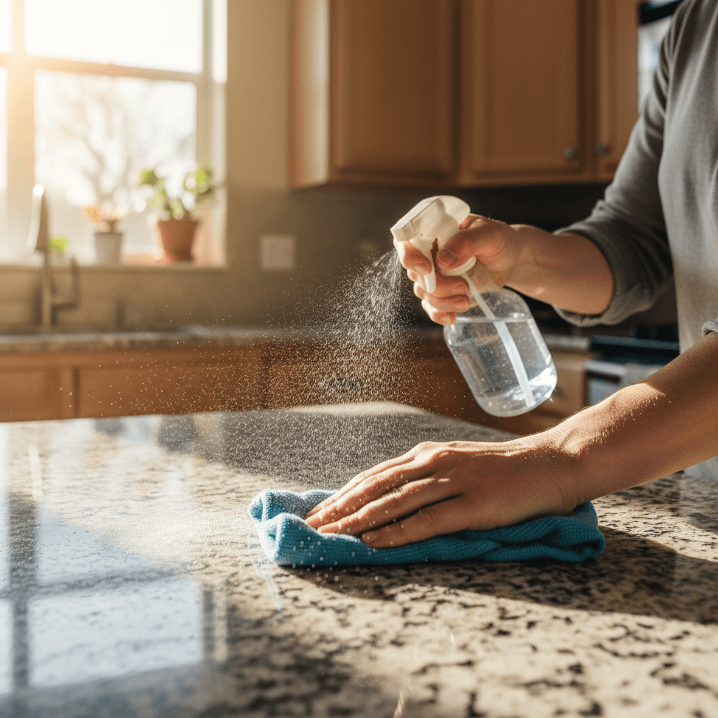 Person's hands spraying and wiping kitchen countertop with natural cleaning solution and cloth