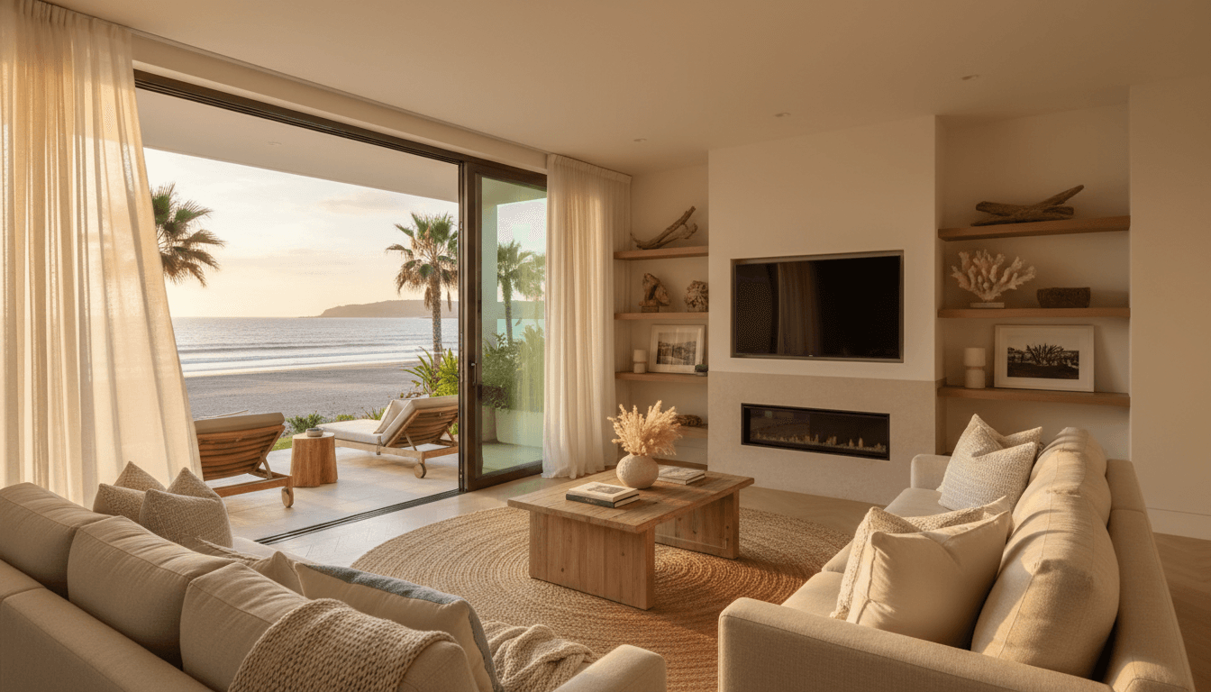 Spacious oceanview living room with modern furnishings, floor-to-ceiling windows, and private terrace overlooking the beach