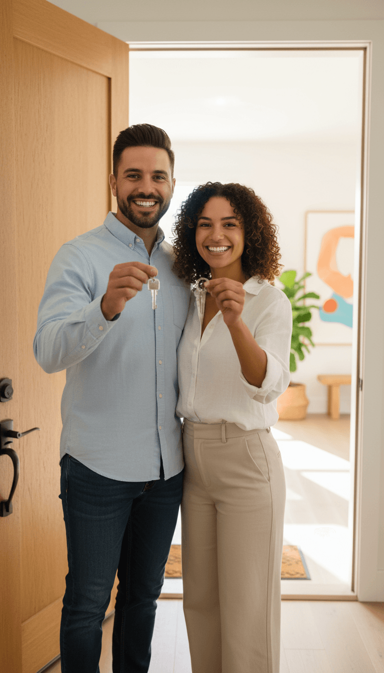 Smiling diverse couple holding house keys in doorway of bright, contemporary home