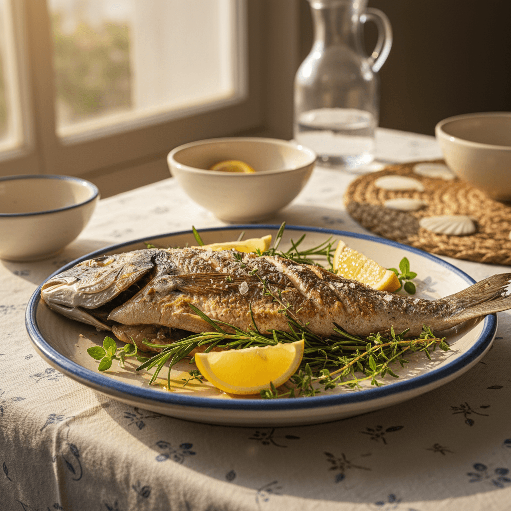 Grilled whole fish on ceramic plate with fresh lemon garnish, warm golden sunlight highlighting charred exterior
