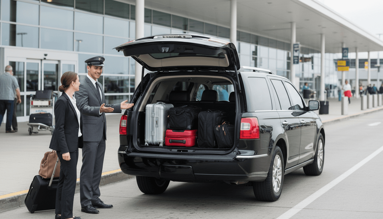 Professional taxi driver greeting passenger with open trunk displaying ample luggage space at airport terminal