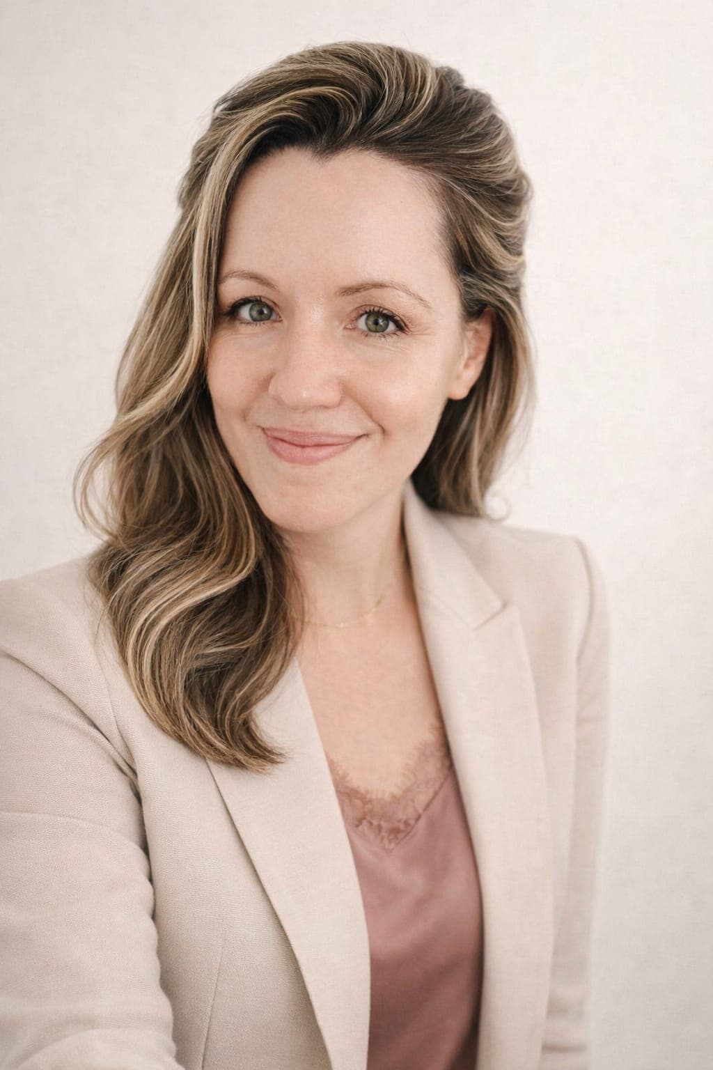 Femme souriante aux cheveux blonds ondulés portant un blazer beige et un haut en dentelle.